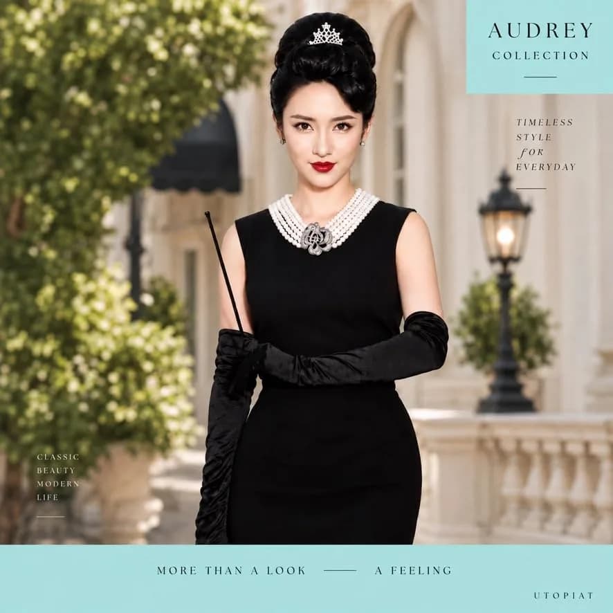 Utopiat Audrey-Inspired 5 Piece Costume Jewelry Set with Pearl Necklace, Tiara, Gloves & Holder | Vintage Hollywood Glamour thumbnail 3