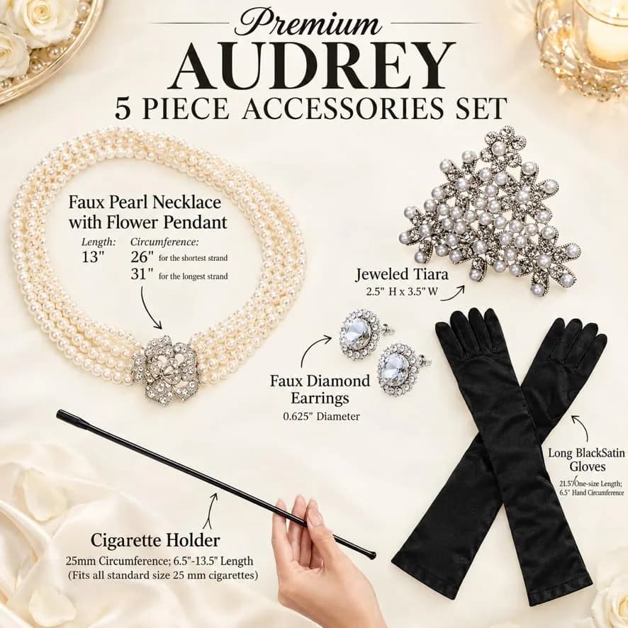 Utopiat Audrey-Inspired 5 Piece Costume Jewelry Set with Pearl Necklace, Tiara, Gloves & Holder | Vintage Hollywood Glamour thumbnail 5