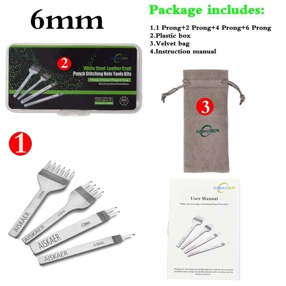 Aiskaer Leather Stitching Punch Set Diamond Chisel Tools 6mm White Steel 1/2/4/6 Prong | 100mm Length, 120g - view 6