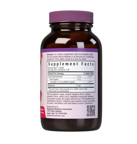 Bluebonnet Melatonin 1mg Raspberry Chewable Tablets 120 Count | Supports Restful Sleep thumbnail 2