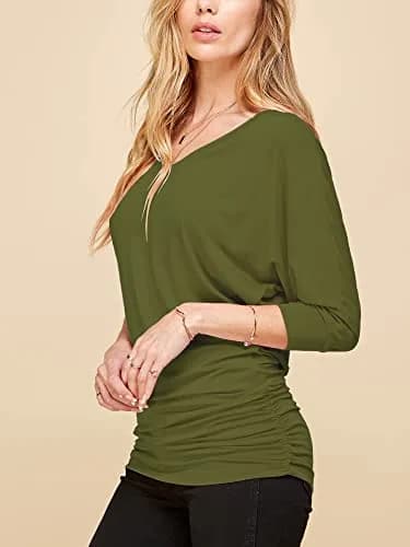 Made By Johnny Womens V Neck 3/4 Sleeve Dolman Top with Side Shirring XXL Olive | Casual Lightweight Rayon Blend thumbnail 5