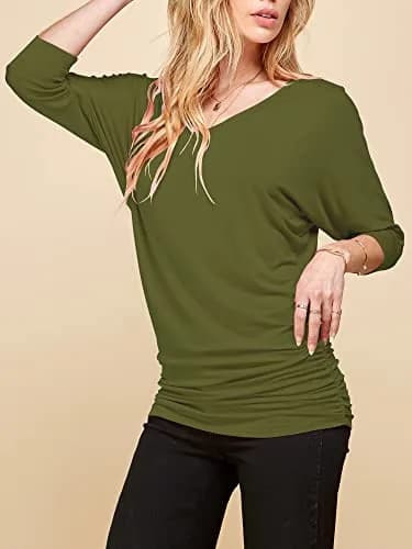 Made By Johnny Womens V Neck 3/4 Sleeve Dolman Top with Side Shirring XXL Olive | Casual Lightweight Rayon Blend thumbnail 2
