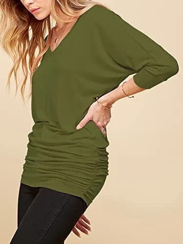 Made By Johnny Womens V Neck 3/4 Sleeve Dolman Top with Side Shirring XXL Olive | Casual Lightweight Rayon Blend thumbnail 3