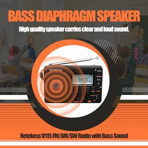 Retekess V115 Shortwave Radio, AM FM Digital Receiver with MP3 Player & Recorder | 1000mAh Rechargeable Battery, 100 Presets, Bass Speaker thumbnail 4