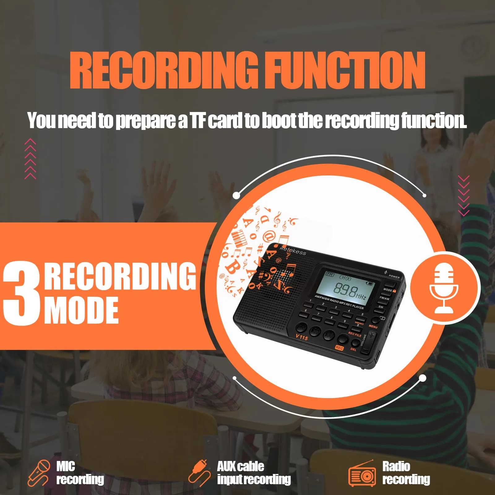 Retekess V115 Shortwave Radio, AM FM Digital Receiver with MP3 Player & Recorder | 1000mAh Rechargeable Battery, 100 Presets, Bass Speaker - view 5