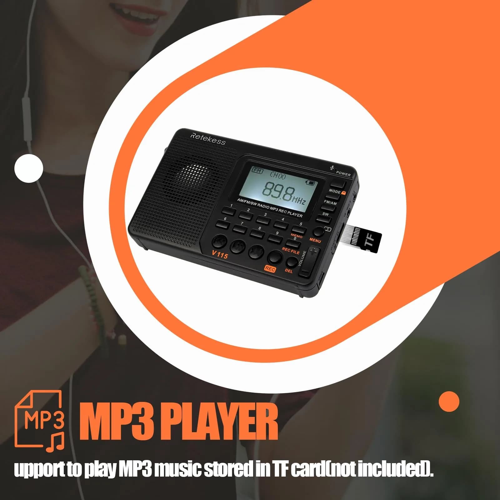 Retekess V115 Shortwave Radio, AM FM Digital Receiver with MP3 Player & Recorder | 1000mAh Rechargeable Battery, 100 Presets, Bass Speaker - view 6