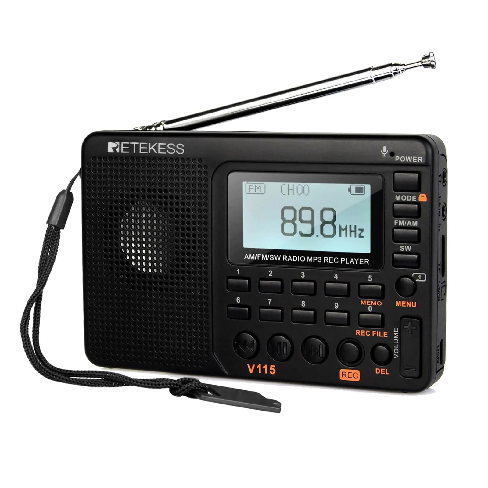 Retekess V115 Shortwave Radio, AM FM Digital Receiver with MP3 Player & Recorder | 1000mAh Rechargeable Battery, 100 Presets, Bass Speaker - main product image