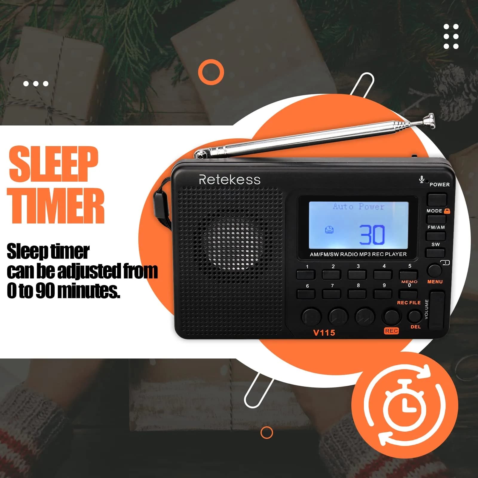 Retekess V115 Shortwave Radio, AM FM Digital Receiver with MP3 Player & Recorder | 1000mAh Rechargeable Battery, 100 Presets, Bass Speaker - view 8