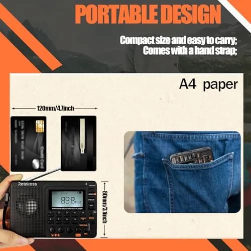 Retekess V115 Shortwave Radio, AM FM Digital Receiver with MP3 Player & Recorder | 1000mAh Rechargeable Battery, 100 Presets, Bass Speaker thumbnail 2