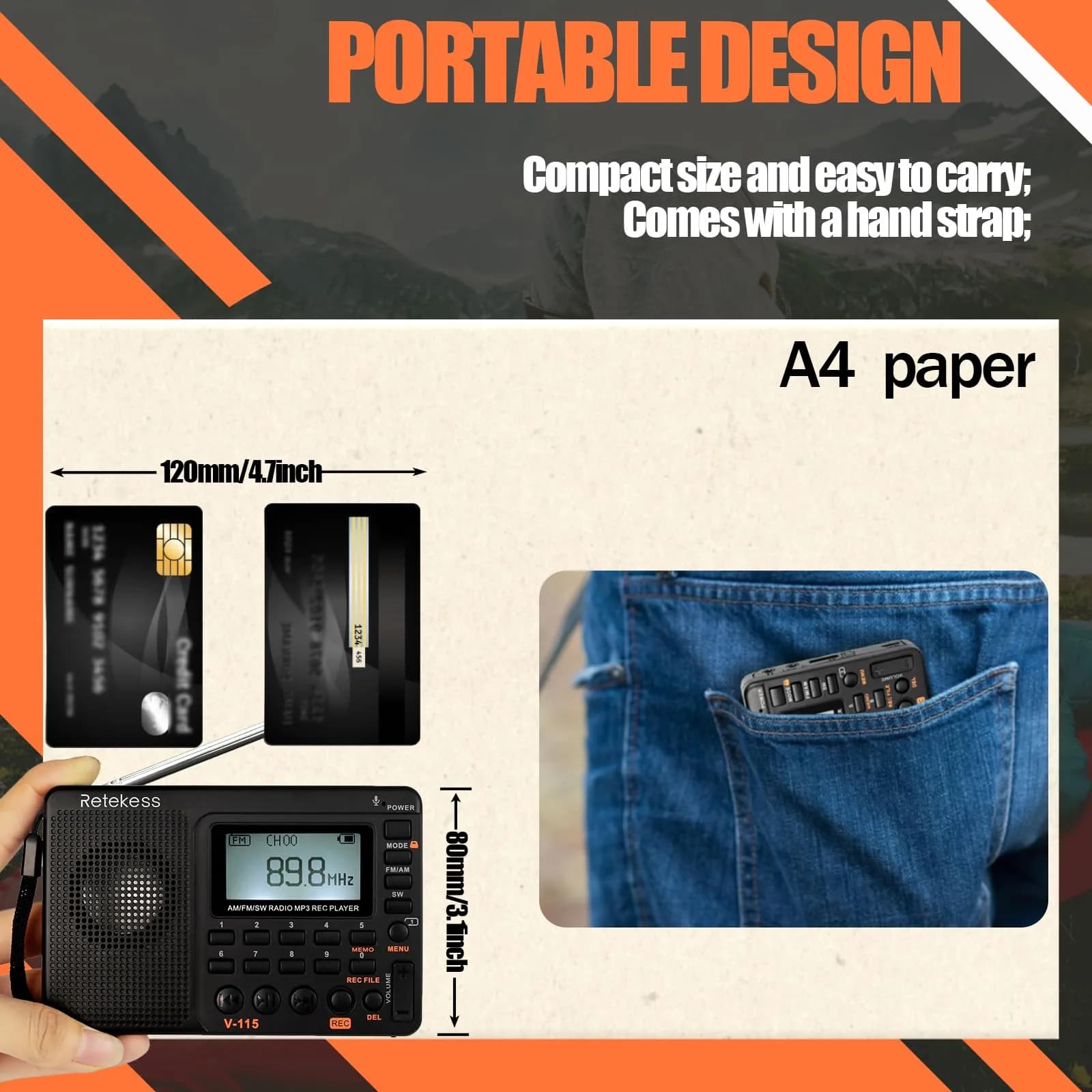 Retekess V115 Shortwave Radio, AM FM Digital Receiver with MP3 Player & Recorder | 1000mAh Rechargeable Battery, 100 Presets, Bass Speaker - view 2