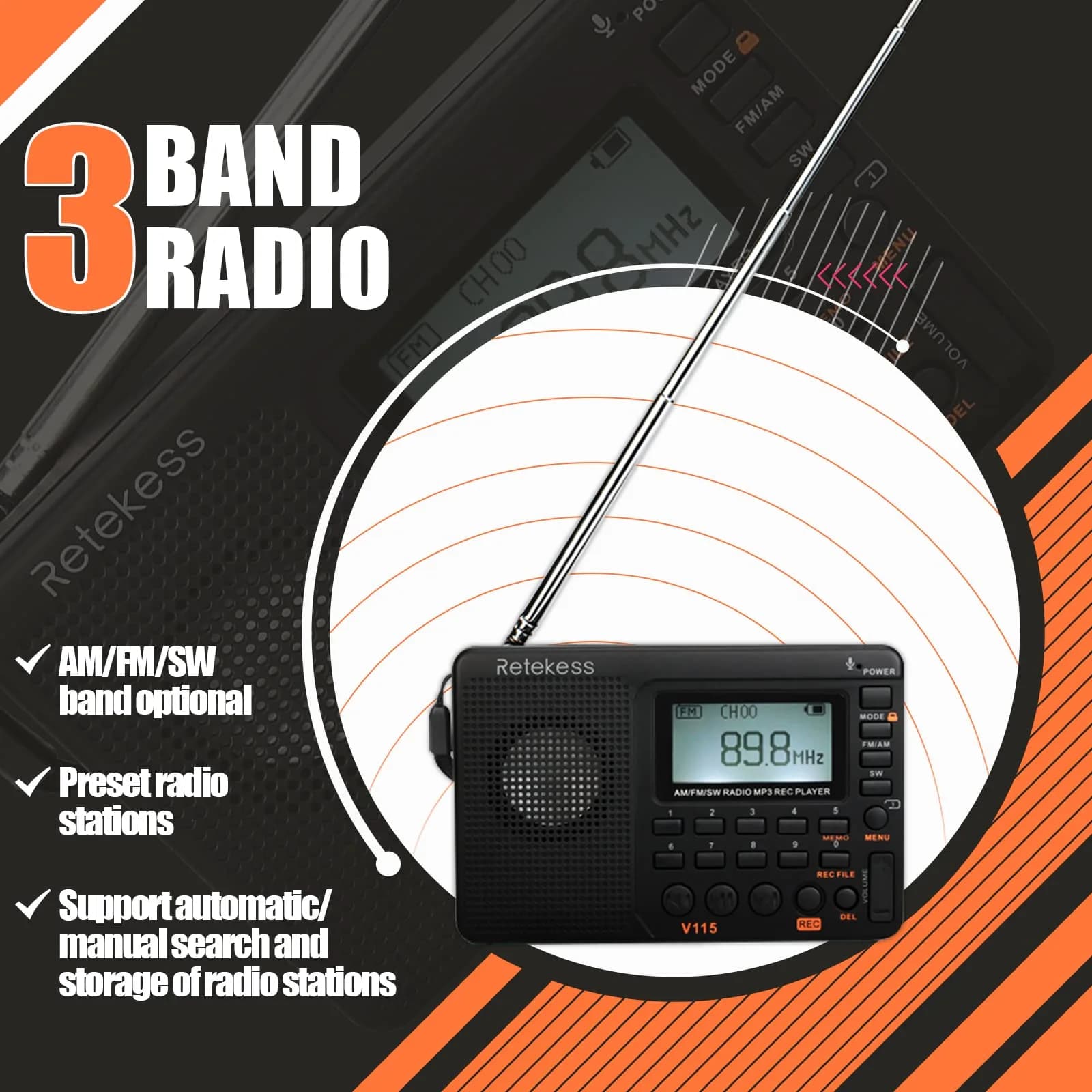 Retekess V115 Shortwave Radio, AM FM Digital Receiver with MP3 Player & Recorder | 1000mAh Rechargeable Battery, 100 Presets, Bass Speaker - view 3