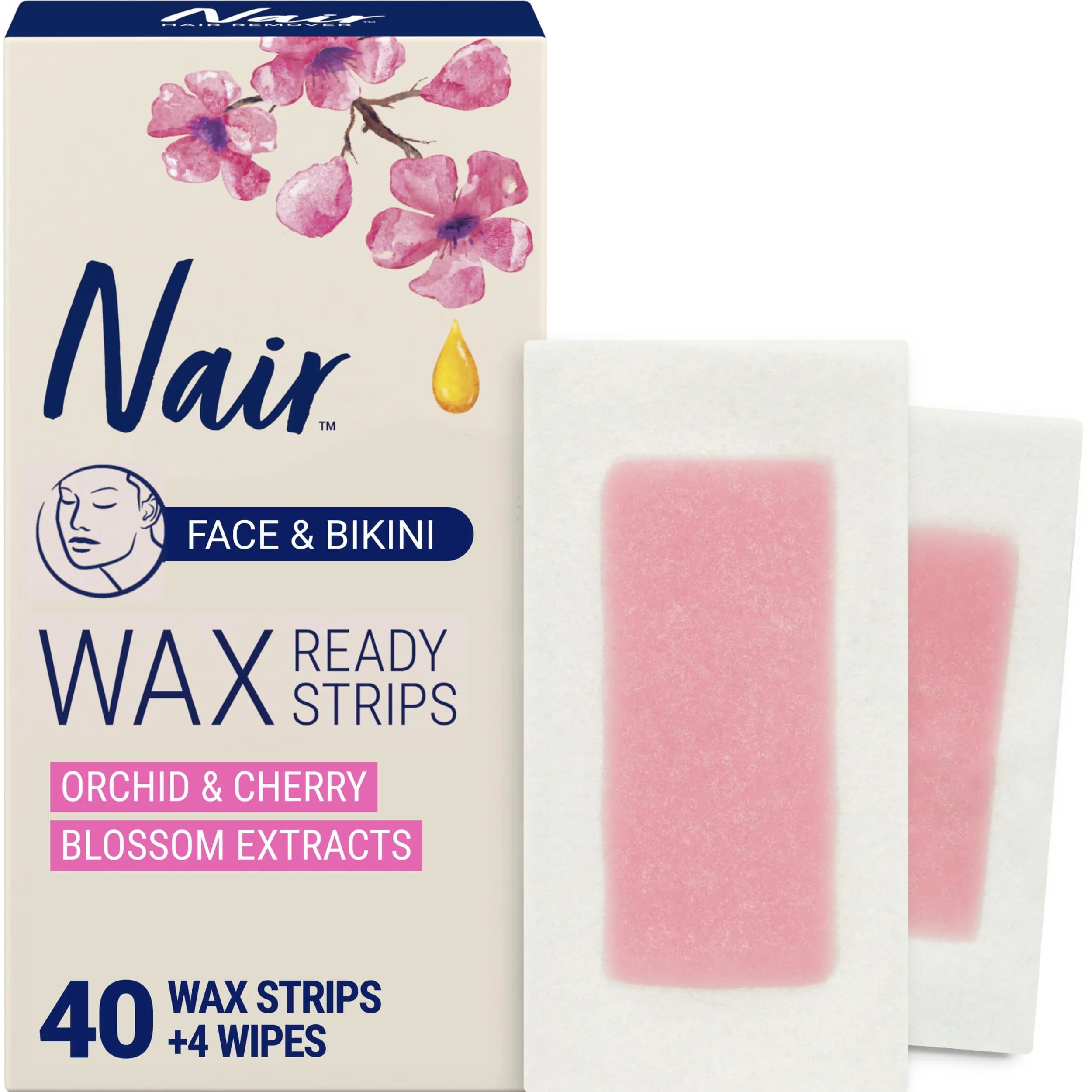 Nair Hair Remover Wax Ready Strips Face & Bikini 40 Count | Dermatologist Tested, Long-Lasting Results