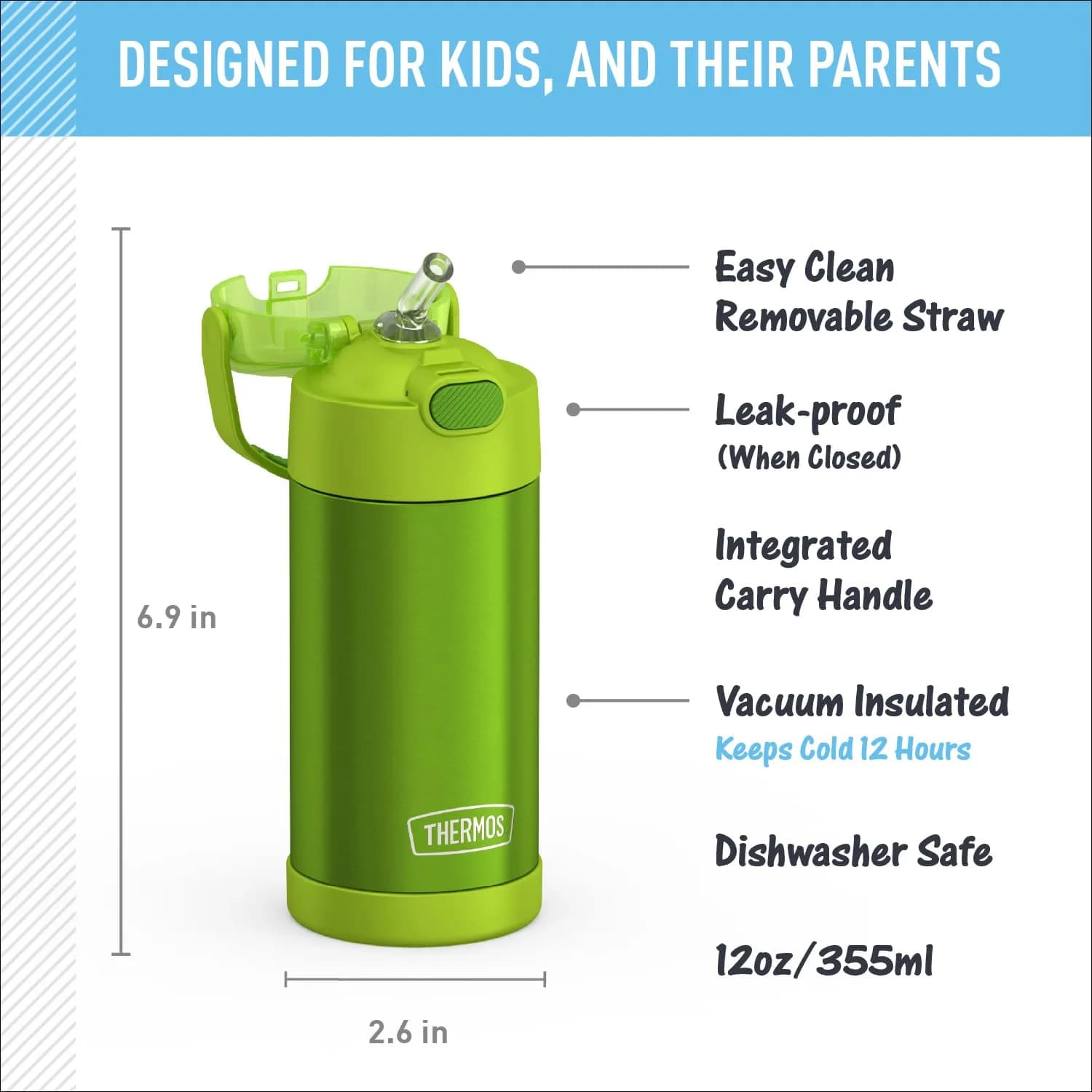 THERMOS FUNTAINER Water Bottle with Straw, 12oz (355ml) | Keeps Drinks Cold for 12 Hours - main product image