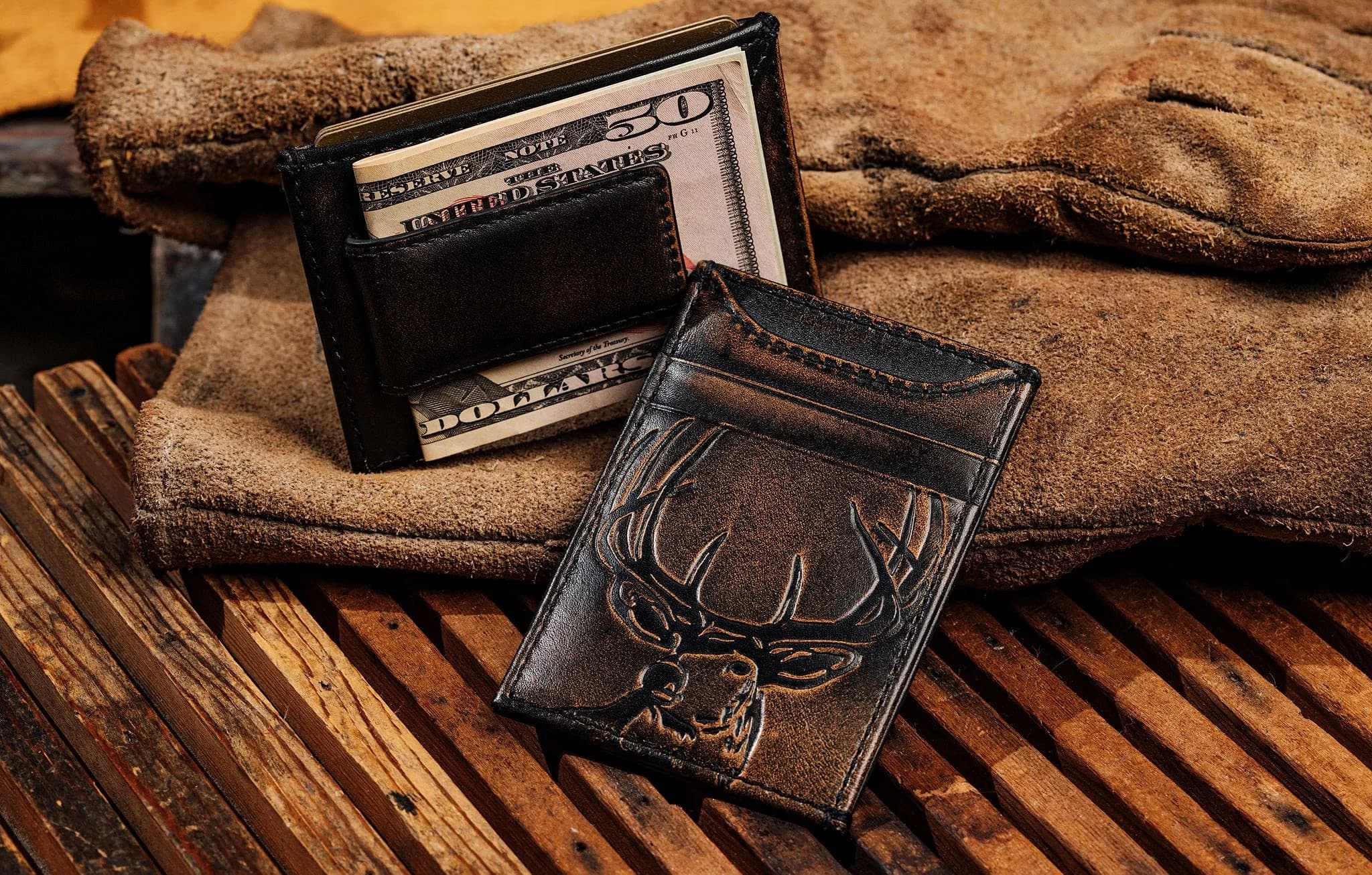 House of Jack Co. Deer Magnetic Money Clip Wallet 2.75" L x 4" H | Full Grain Leather, Slim Front Pocket Carry - view 2