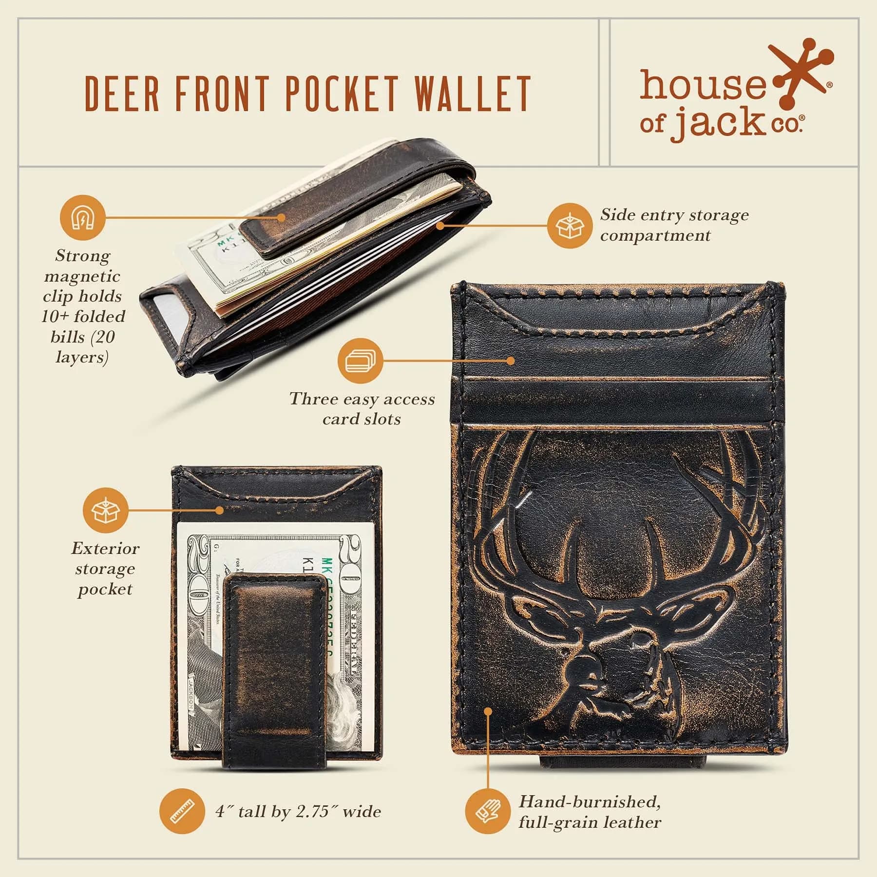 House of Jack Co. Deer Magnetic Money Clip Wallet 2.75" L x 4" H | Full Grain Leather, Slim Front Pocket Carry - view 4