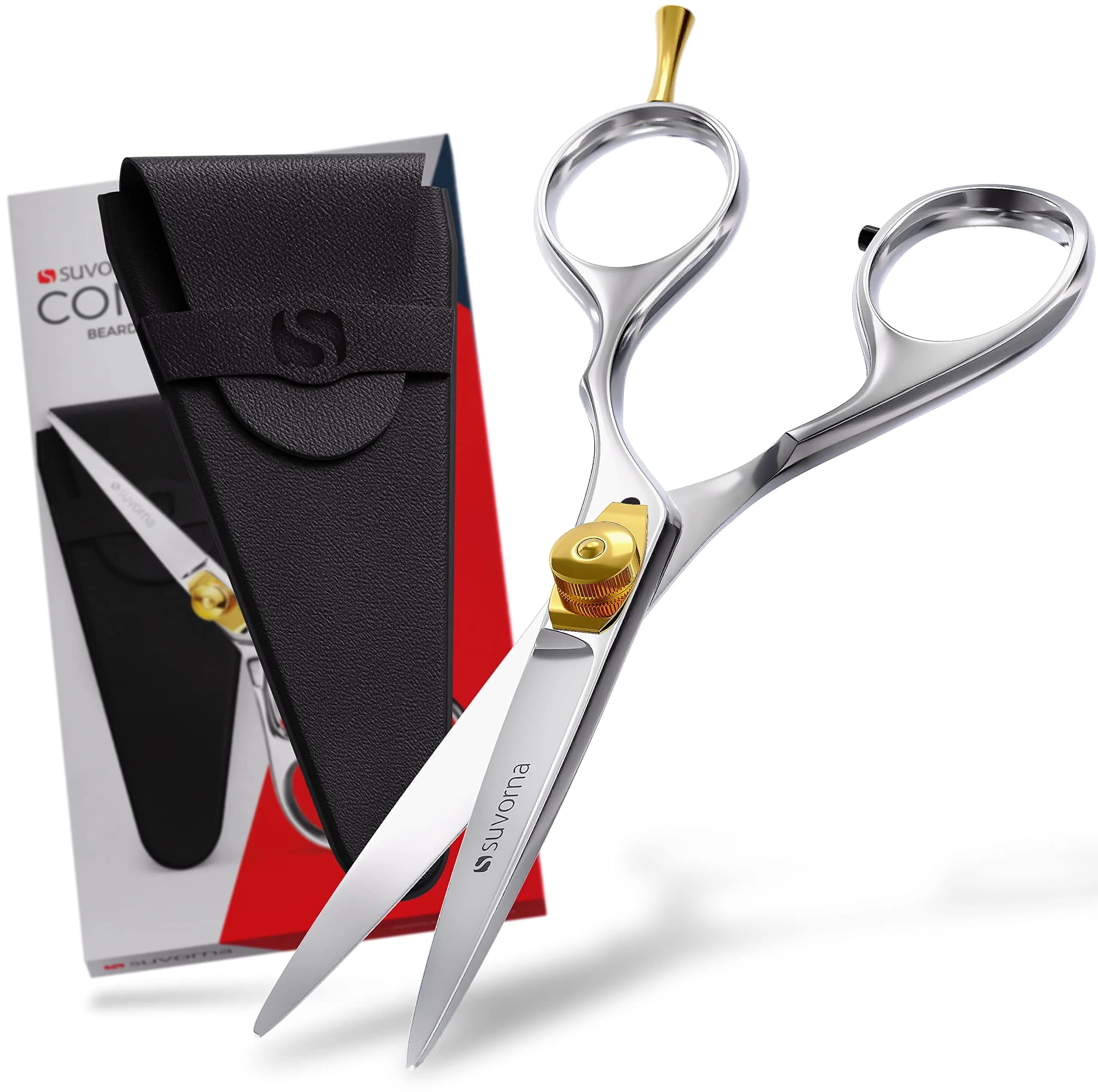 Suvorna small scissors for beard, mustache, facial, nose, eyebrow, and ear hair - Hair scissors for cutting, trimming & grooming - Made with 4.5" stainless steel for barbers, professional, & home user — Silver