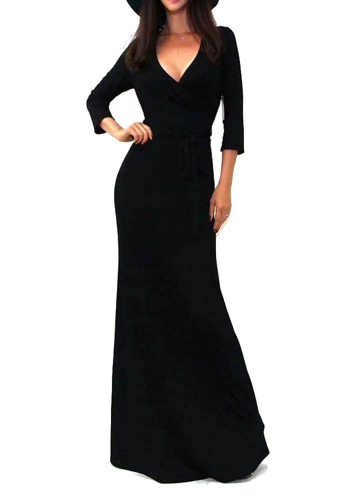 Vivicastle Women's Solid V-Neck Maxi Dress 3/4 Sleeve | Elegant Casual Wear (70-120 chars) — Small