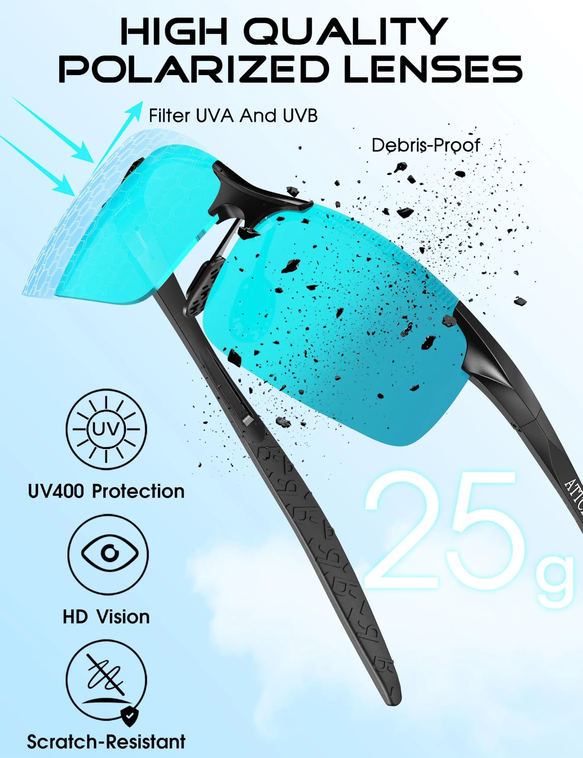ATTCL Polarized Sunglasses Men Sports: UV Protection Anti Glare Wrap Around Lightweight Metal Sun Glasses Driving Fishing Golf Running Black Blue (64mm Lens Width) - view 4