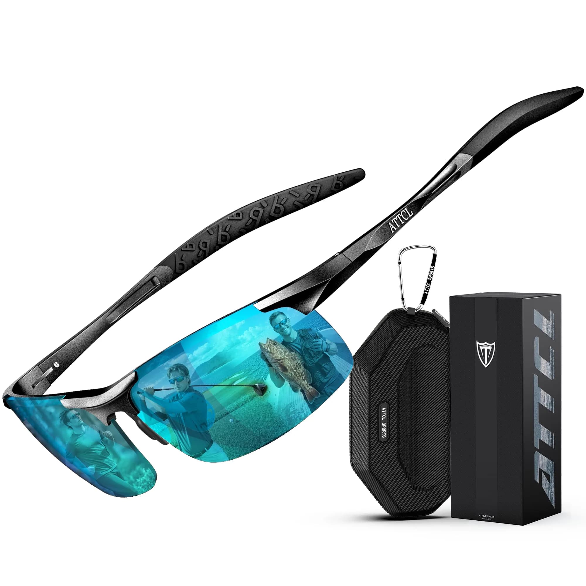 ATTCL Polarized Sunglasses Men Sports: UV Protection Anti Glare Wrap Around Lightweight Metal Sun Glasses Driving Fishing Golf Running Black Blue (64mm Lens Width) - main product image