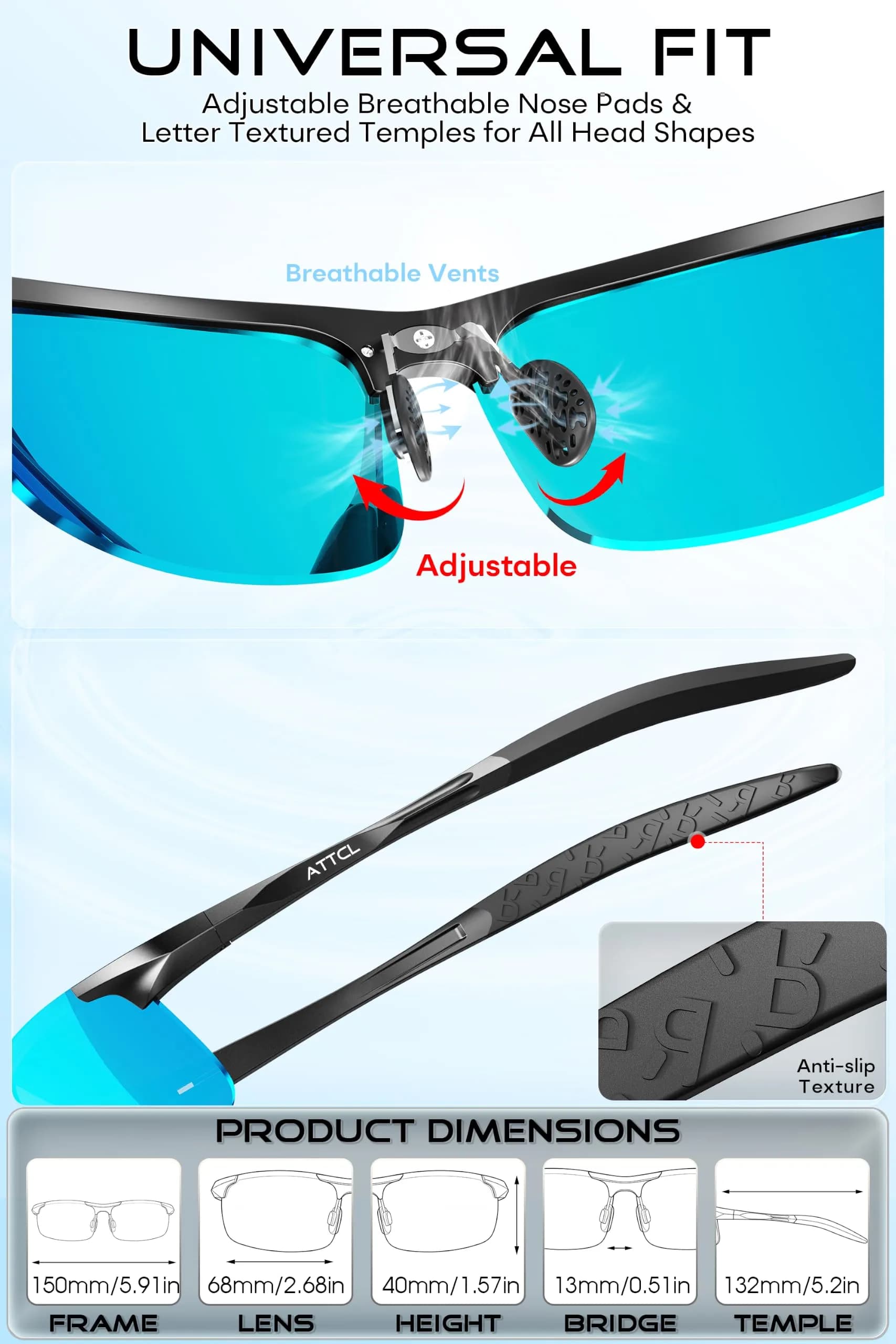 ATTCL Polarized Sunglasses Men Sports: UV Protection Anti Glare Wrap Around Lightweight Metal Sun Glasses Driving Fishing Golf Running Black Blue (64mm Lens Width) - view 7