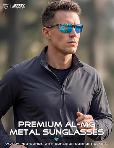 ATTCL Polarized Sunglasses Men Sports: UV Protection Anti Glare Wrap Around Lightweight Metal Sun Glasses Driving Fishing Golf Running Black Blue (64mm Lens Width) thumbnail 8