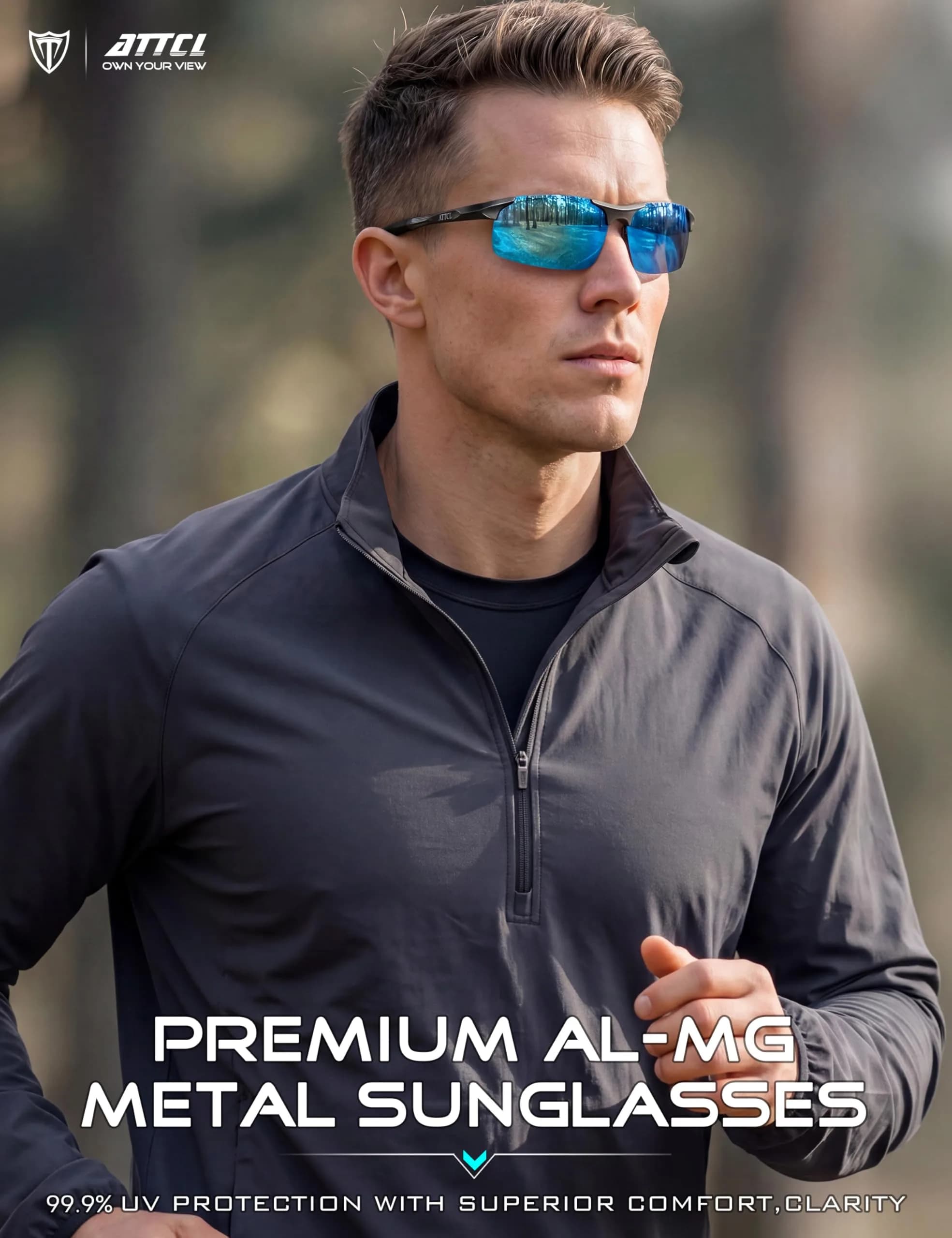 ATTCL Polarized Sunglasses Men Sports: UV Protection Anti Glare Wrap Around Lightweight Metal Sun Glasses Driving Fishing Golf Running Black Blue (64mm Lens Width) - view 8