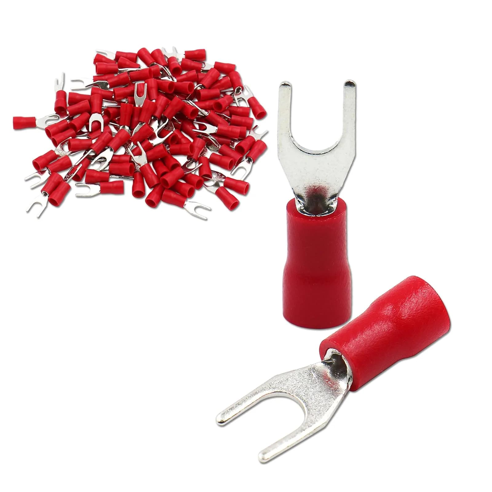 Baomain Red Fork Spade Insulated Terminal Connectors 4.3mm #8 Stud 22-16 AWG (100-Pack) | Secure Crimp Connection for Electrical Wiring — Red