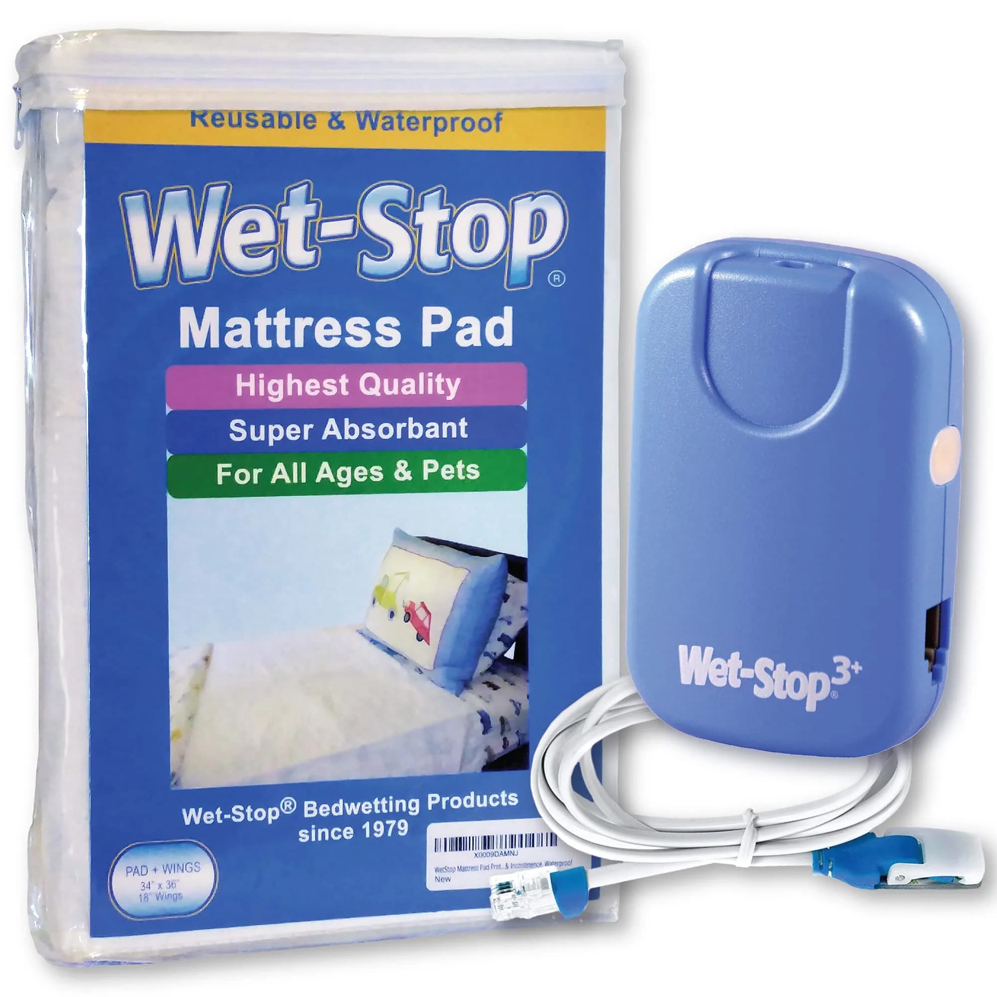 Wet-Stop3 Kit Bedwetting Alarm with Waterproof Bed Pad | Clinically Proven, Pediatric Designed, 6 Alarm Tones, Vibration, Waterproof Mattress Cover, 34" x 36"