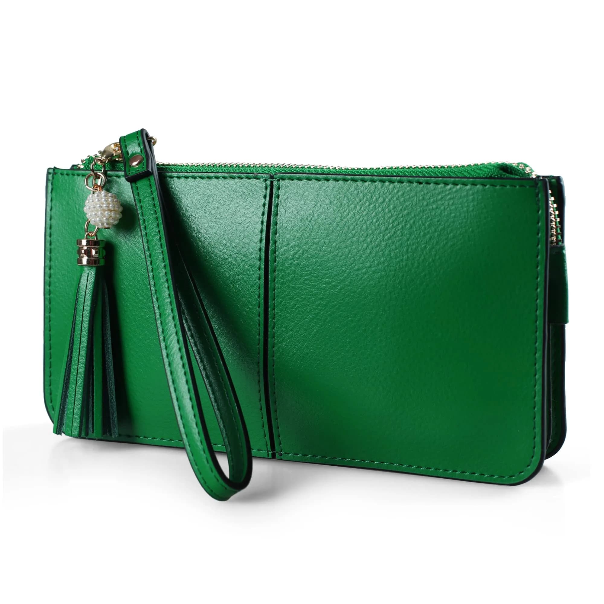 befen Genuine Leather Wristlet Clutch for Women Ultra-Slim Ladies Credit Card Holder Wallet Purses with RFID Protection (Navy Blue, 20.57cm x 10.92cm x 1.14cm) — Kelly Green