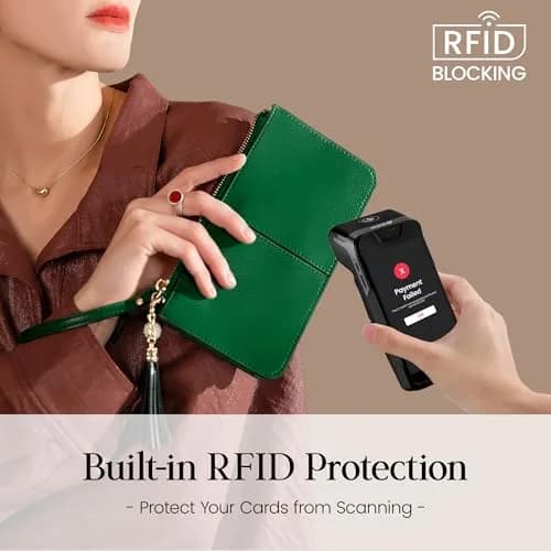 befen Genuine Leather Wristlet Clutch for Women Ultra-Slim Ladies Credit Card Holder Wallet Purses with RFID Protection (Kelly Green, 20.6cm x 11cm) thumbnail 3