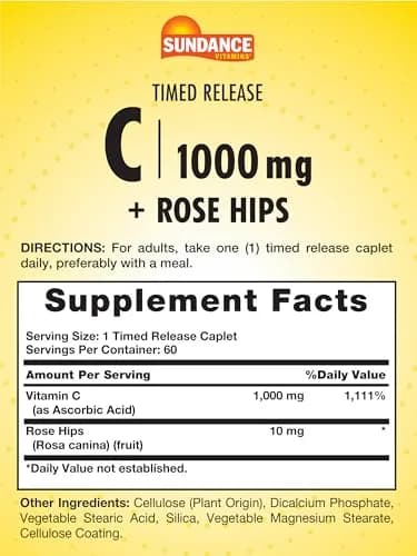 Sundance Vitamin C 1000mg with Rose Hips | 60 Coated Caplets | Timed Release, Vegetarian, Non-GMO thumbnail 2