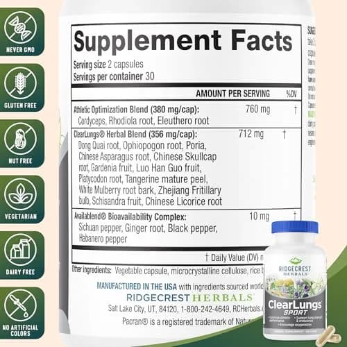 RidgeCrest Herbals ClearLungs Sport Oxygen and Lung Support 60 Ct | Respiratory & Athletic Performance Support thumbnail 3