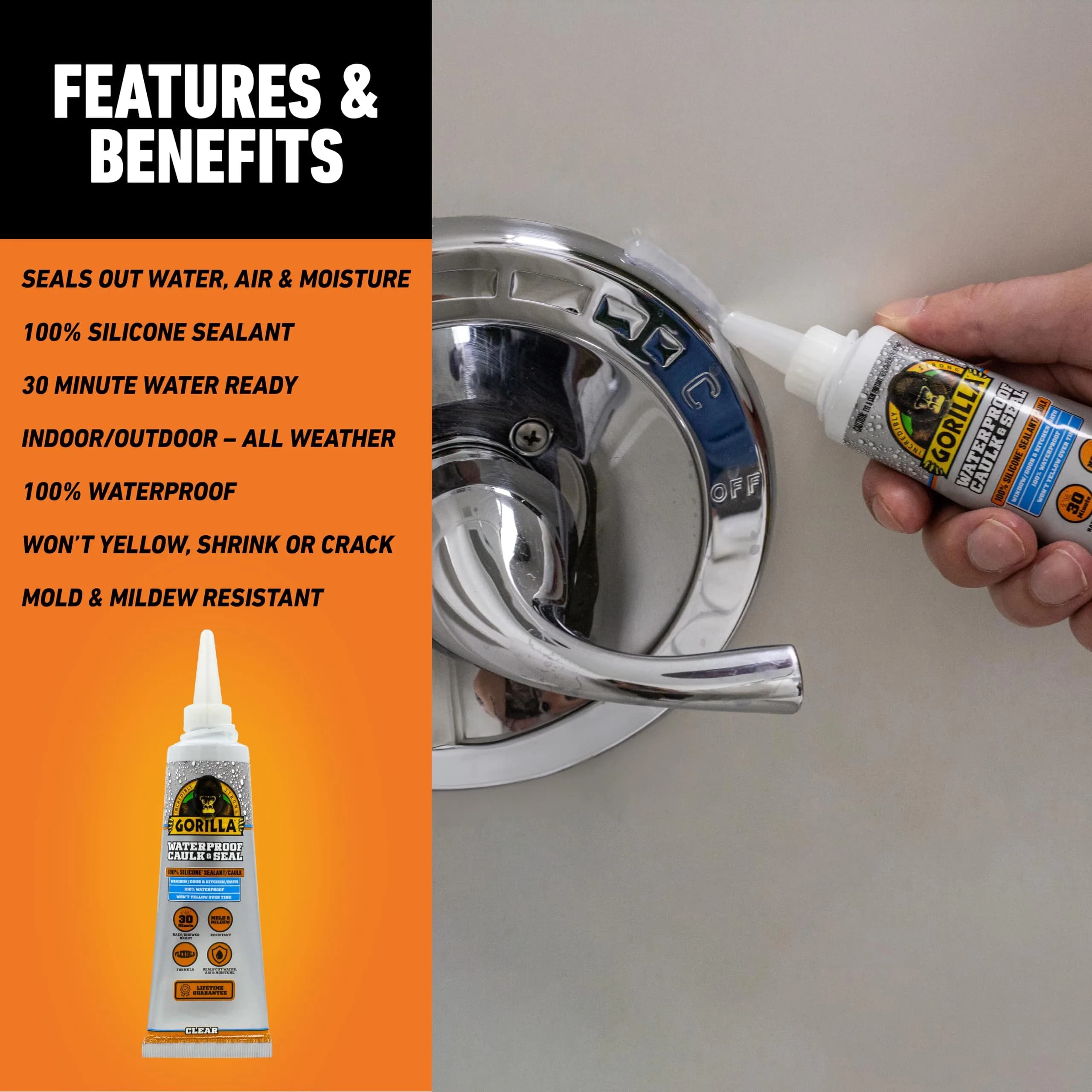 Gorilla Waterproof Caulk & Seal Silicone Sealant 85ml (2.8oz) | Seals Out Water and Moisture - view 3