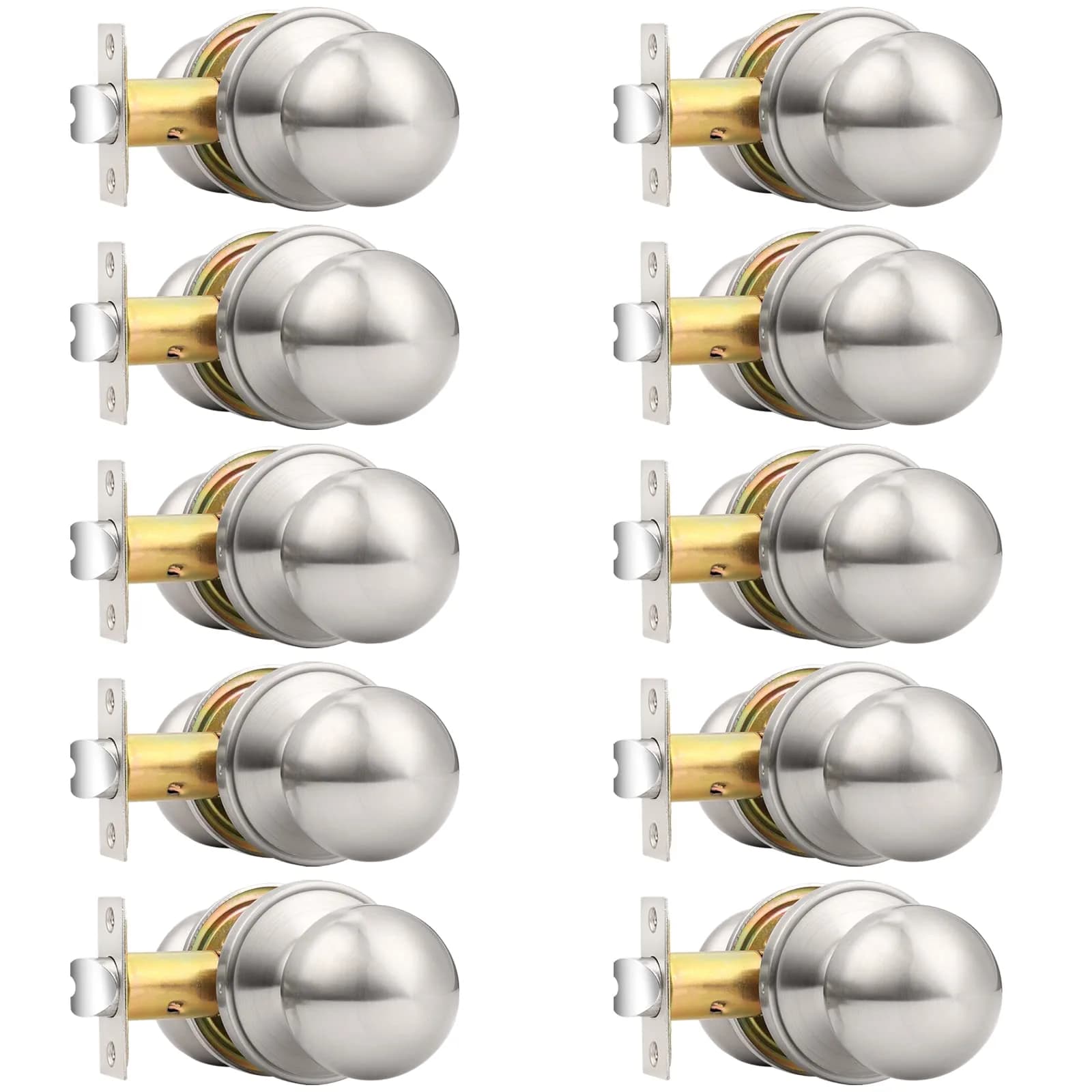 Probrico Round Brushed Nickel Passage Door Knobs Interior Door Handles for Hallway Closet, Keyless Passage Door Lock, 10 Pack | ANSI Grade 3 Security — Brushed Nickel