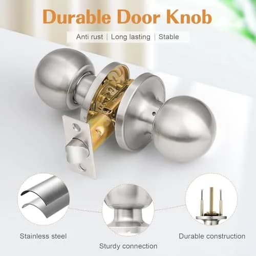 Probrico Round Brushed Nickel Passage Door Knobs Interior Door Handles for Hallway Closet, Keyless Passage Door Lock, 10 Pack | ANSI Grade 3 Security thumbnail 4