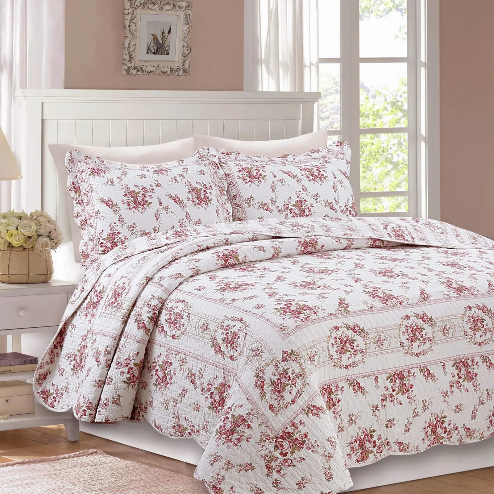 Cozy Line Home Fashions Vintage Rose Pink Floral Reversible Cotton Quilt Bedding Set - Twin (68x86 in) - main product image