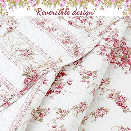 Cozy Line Home Fashions Vintage Rose Pink Floral Reversible Cotton Quilt Bedding Set - Twin (68x86 in) thumbnail 3