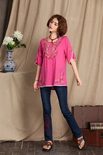 Ashir Aley Girls Embroidered Peasant Top Medium | Bohemian Floral Cotton Blouse thumbnail 2