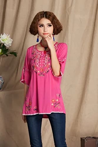 Ashir Aley Girls Embroidered Peasant Top Medium | Bohemian Floral Cotton Blouse thumbnail 3