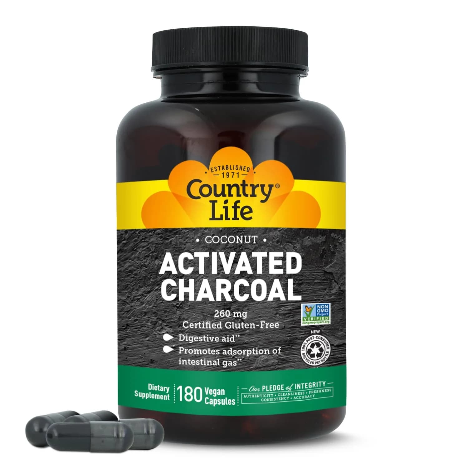 Country Life Coconut Activated Charcoal 260 mg | Vegan Capsules for Digestive Support