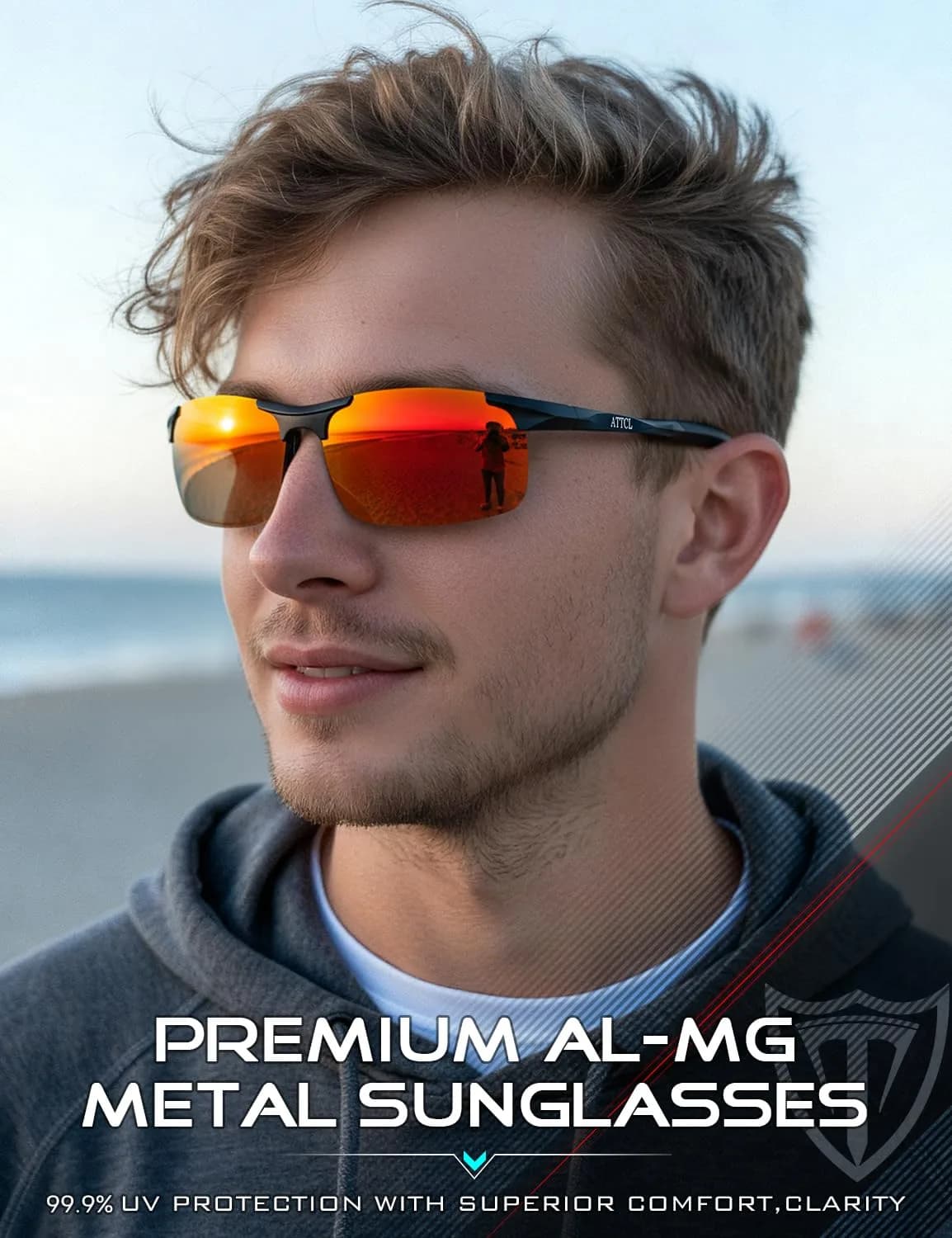 ATTCL Polarized Sports Sunglasses for Men: 2026-Black-Red Mirrored Lenses, UV400 Protection, Wrap Around Lightweight Metal Frame (64mm Lens Width) - view 2