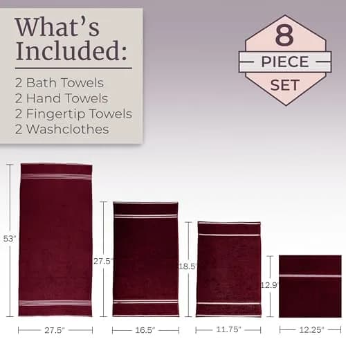 Lavish Home Bathroom Towels Set, 8-Piece, Burgundy | Spa-Quality Cotton, Quick-Dry, Soft thumbnail 4