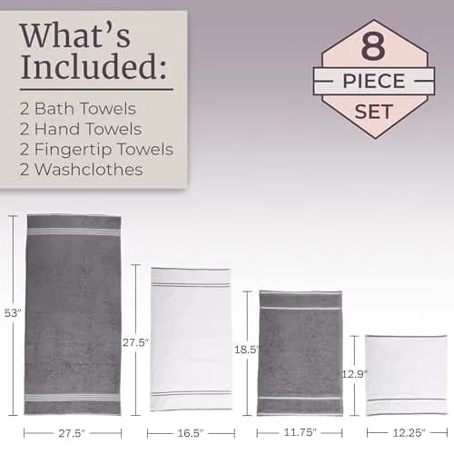 Lavish Home Rio 8 Piece 100% Cotton Towel Set - White & Silver | Soft & Absorbent 575 GSM thumbnail 4