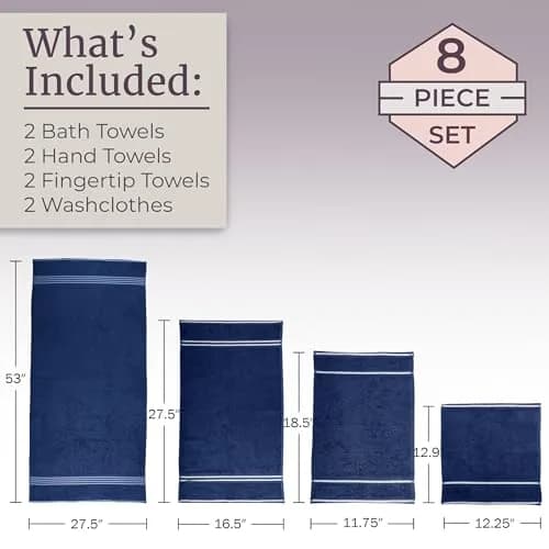 Lavish Home Bathroom Towels Set, 8-Piece Navy | Plush 575 GSM Cotton for Spa & Daily Use thumbnail 4