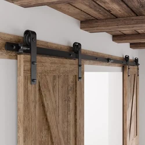 CCJH 13FT Sliding Barn Door Hardware Kit for Double Doors, Black | Heavy Duty Steel Track System thumbnail 1