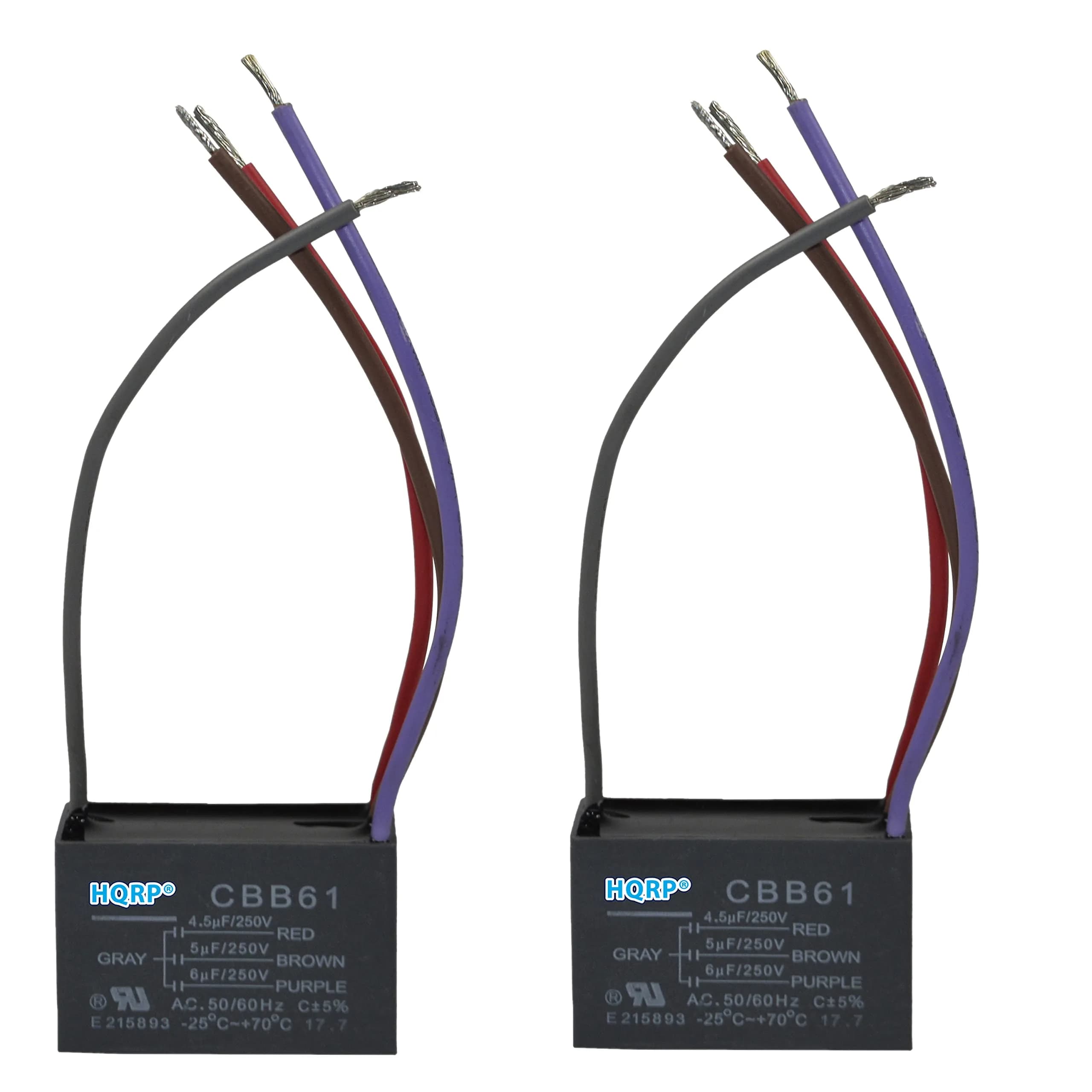 HQRP Ceiling Fan Capacitor 2-Pack | UL Listed, 2.5uf+3.5uf+4uf, 250VAC, 5-Wire, Gray — Black