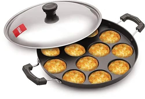 TOSAA Appam Patra with Lid, 12 Cavity, 23 cm (9 inch) Black | Non-Stick German Coating thumbnail 1