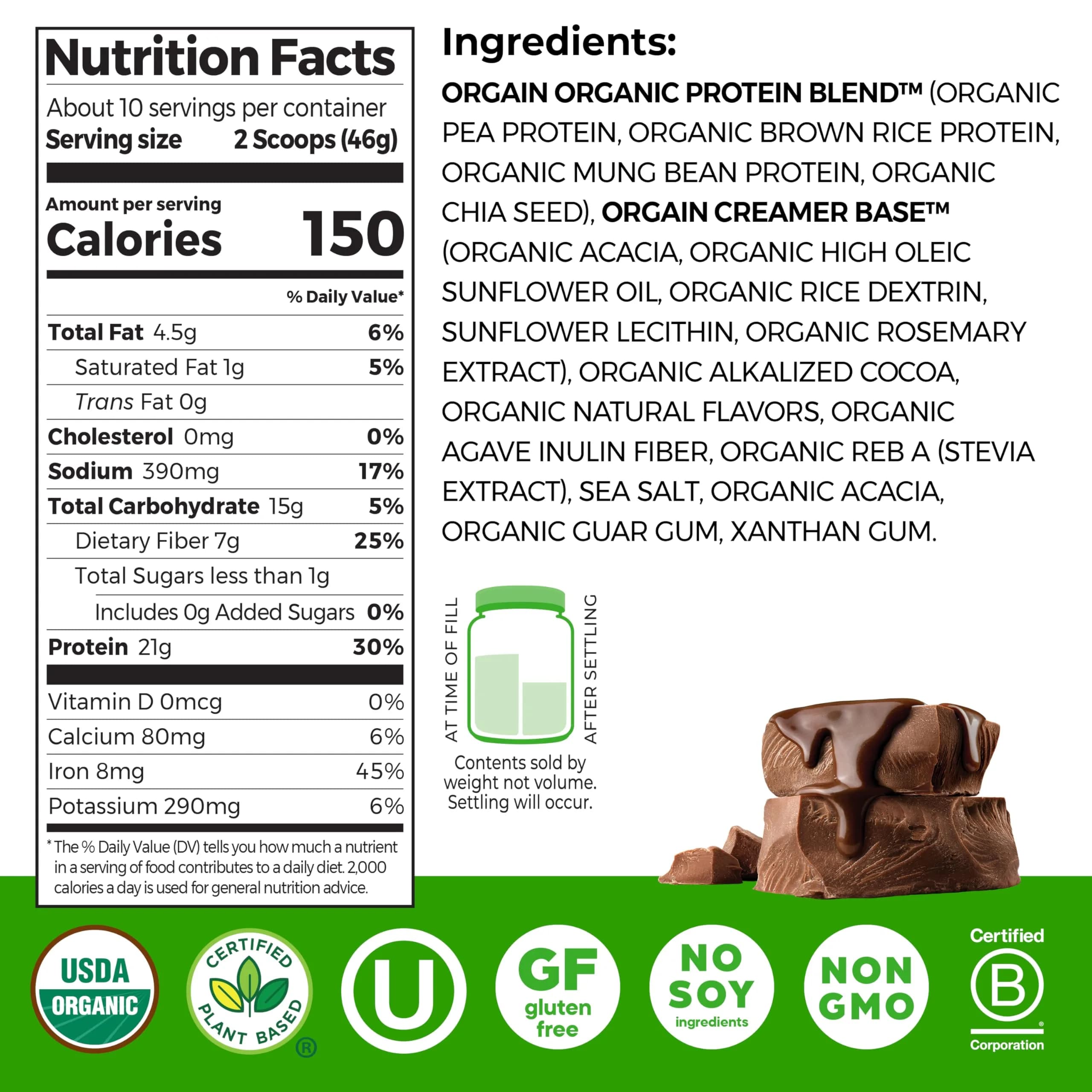Orgain Organic Vegan Protein Powder Creamy Chocolate Fudge 1.02 lb (463 g) | 21g Protein Per Serving - view 2
