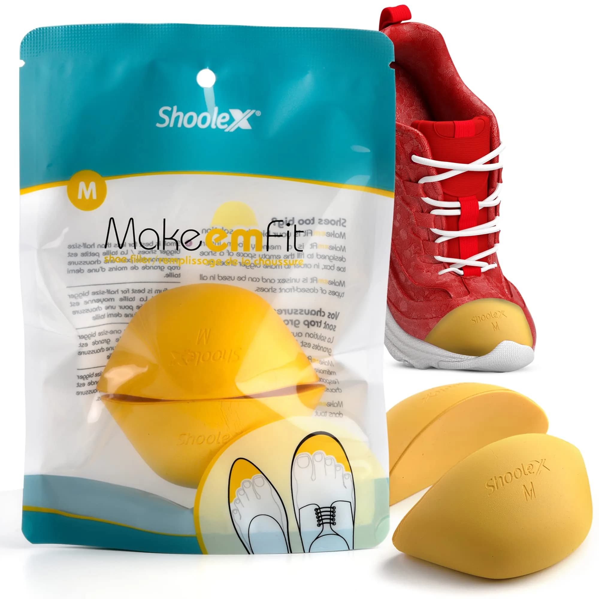 Shoolex Make Em Fit Shoe Filler for Too Big Shoes | Memory Foam Toe Cushion Inserts for Men & Women — (Medium) Half to One size bigger shoe.