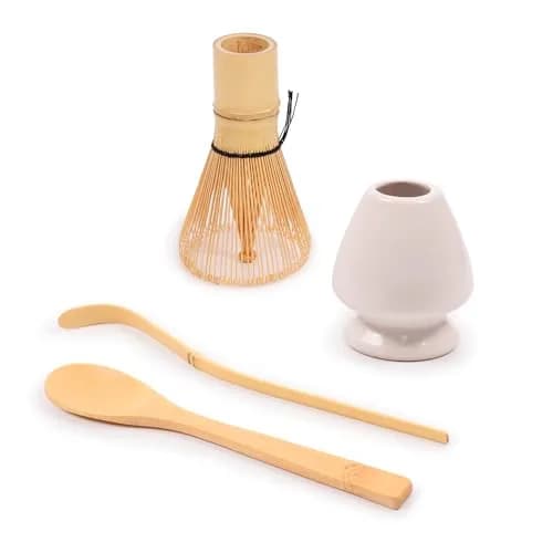BambooMN Matcha Green Tea Whisk & Scoop 4 Piece Set - White Holder | Traditional Japanese Tea Utensils thumbnail 1
